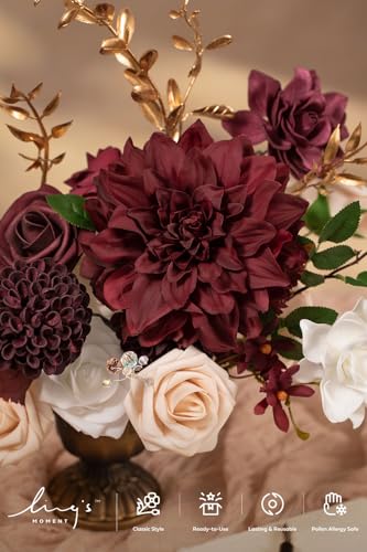 Ling's moment Fake Flowers Box, Faux Artificial Greenery Stems Foam Roses Gardenia Silk Dahlia Fabic Flower for Centerpieces Bouquet Wedding Vase Decorations, Marsala & Soft Peach, Grand Combo - color: Red-marsala & Soft Peach, size: Grand