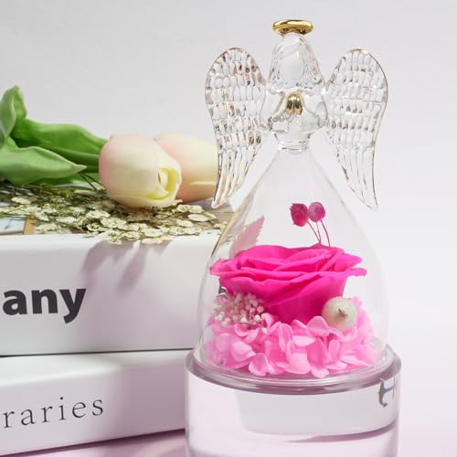 Miofula Gifts for Mom Birthday Gifts for Women, Preserved Flowers Rose in Glass Angel Figurines, Fresh Flowers for Delivery Anniversary Forever Real Roses Gifts for Mothers Grandma Her Wife Girlfriend - color: Radiant Pink
