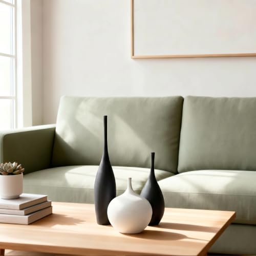 Relexome Black and White Ceramic Vase Modern Wabi-Sabi Flower Vase Set of 3 Decorative Aesthetic Vases for Centerpieces Matte Minimalist Vases for Living Room Table Shelf Home Decor Gift - color: 2black+white