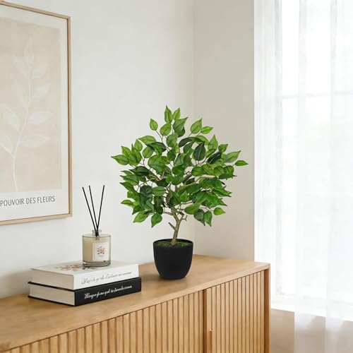 GnFlus Artificial Potted Plants Indoor,19" Faux Plants Ficus Leaves Trees in Pot Realistic Fake Plant Indoor Potted for Living Room Office Farmhouse Room Bathroom Bedroom Kitchen Plant Decor Green - color: Green