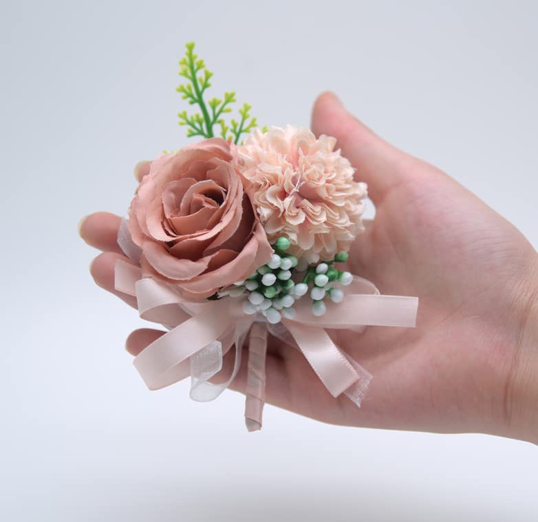 Rikyo 2 Pack Flower Wrist Corsage Boutonniere Set,3" Artificial Rose and Carnation Wrist Corsage and Men Boutonniere Set,Silk Flower for Wedding Flowers Accessories Prom Suit Decor (Rose Gold) - color: Rose Gold