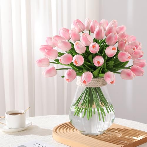 30 Pcs Artificial Tulips PU Faux Flowers, Pink Real Touch Fake Tulips for Valentine's Day Spring Easter Home Kitchen Wedding Decorations and New Year Decor - color: Pink