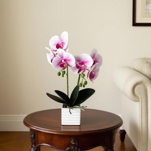 Artificial Orchids for Home Decor Indoor with Vase Orchids Artificial Flowers White Purple Orchid Height 14 Inches - color: Purple Heart White