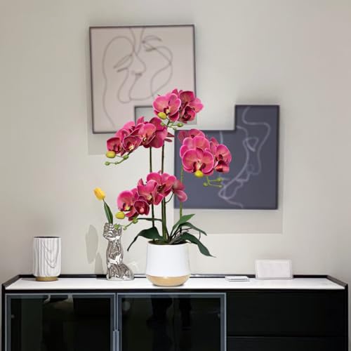Artificial Orchid Flowers in Ceramic Vase Realistic Crimson Faux Orchids 19.5 Inch Fake Phalaenopsis Plant Arrangements for Home Indoor Centerpiece Decor (Set of 4 Stems) - color: Crimson, size: 14CM- WhiteGolden