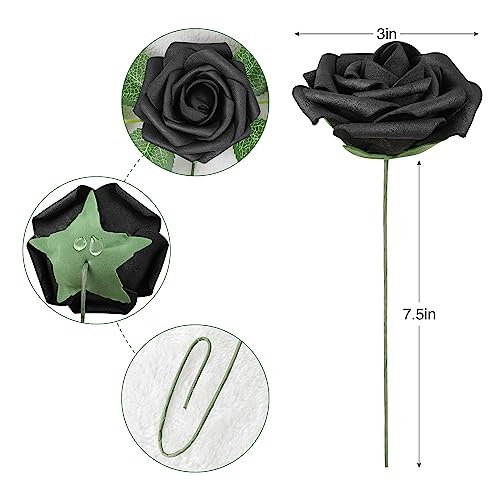 AmyHomie Artificial Flowers Black Rose 25pcs Real Looking Fake Roses w/Stem for DIY Wedding Bouquets Centerpieces Arrangements Party Baby Shower Valentines Day Christmas Tree Decorations - color: Black