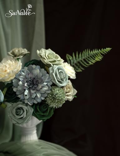 Green Flowers Artificial Roses Combo Set Fake Green Silk Flowers Faux Flowers Mix Dahlia Chrysanthemum with Stems for Wedding Bouquets Baby Bridal Shower Party St Patrick’s Day Decor - color: Green, size: The Modern Classic