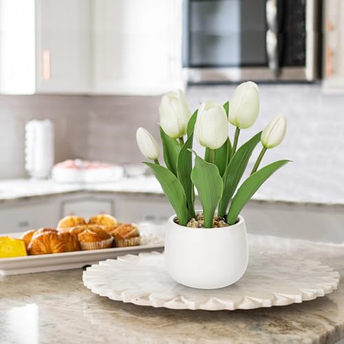 Hollyone White Tulips Artificial Flowers in Vase Fake Tulips Silk Flowers Arrangements Faux Tulip Bulbs with Ceramic Tulip Pot Potted Plants Floral Bouquet for Home Decor Table Centerpiece Decorations - color: Small - White