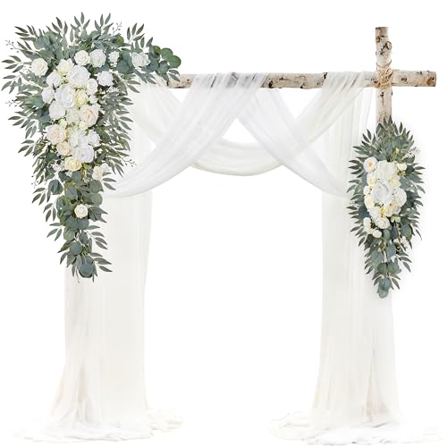Wedding Arch Flowers with Drapes Kit (Pack of 4) - 2pcs Artificial Ivory & White Deluxe Swag with 2pcs Sheer Drapes for Wedding Ceremony Arbor Reception Backdrop Rose Floral Decoration - color: Ivory & White