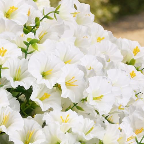 CEWOR Artificial Flowers for Outdoor Indoor, Fake Silk Morning Glory with Eucalyptus Leaves, Faux Flower for Garden Front Door Porch Planter Patio Home Decor (24 Bundles, White) - color: White Morning Glory