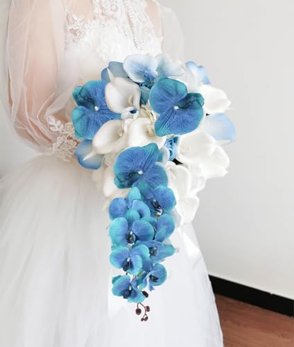 41.34" Orchid Artificial Flowers 6PCS Velvet Silk Fake Orchids Long Stem Artificial Flowers for Tall Vase for Home Wedding Decoration(Ocean Blue) - color: Ocean Blue