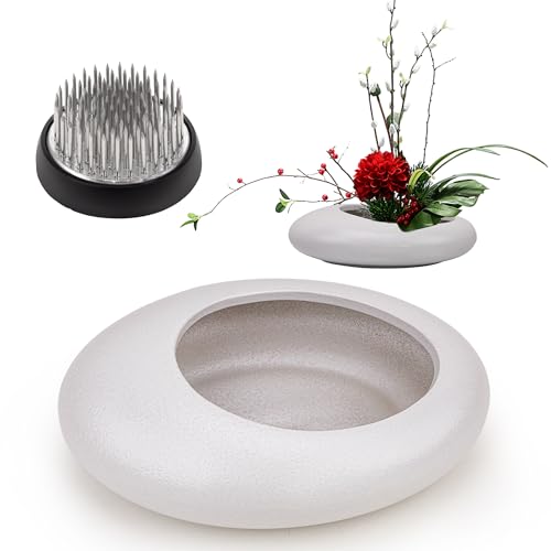 Folmywy Ikebana Flower Frog Vase Kit Japanese Flower Arrangement with 1.57 Inch Kenzan Ceramic White Pebble Shaped Bowl for Ikebana Teaching Aids Art Supplies Home Decor (5.51x4.13in) - color: White