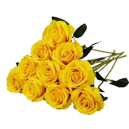 10 Pcs Yellow Rose Artificial Flower, Faux Silk Flowers With Long Stems, Fake Roses Bulk Bouquet for Decoration Valentine's Day Centerpieces Proposal Bridal Bouquets Shower Party Home Floral Decor - color: Yellow