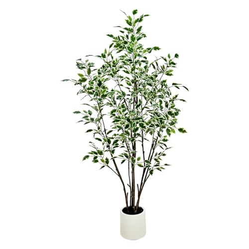5ft Artificial Ficus Tree with White Plastic Planter | Foliage: Designed with natural green and white variegated leaves for lifelike indoor landscape - color: White, size: 5ft