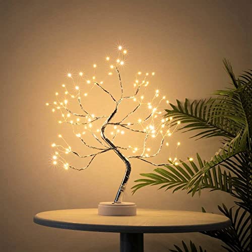 Bonsai Tree Light Silver Matte 20 Inches Artificial Tabletop Fairy Light Tree Lamp,Eight Lighting Modes,USB or Battery Operated with Timer,Decor of Bedroom,Living Room,Christmas (Warm White) - color: Silver