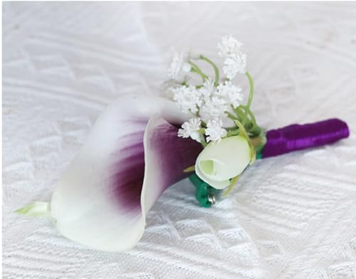 Artificial Calla Lily Wedding Boutonniere Groom and Groomsmen Buttonholes Flower with Pins Prom Party Suit Decoration Anniversary Accessories for Man (Purple,8) - color: Purple