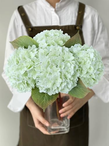 JINWOE Boho Green Hydrangea Artificial Flowers, 4Pcs 21" Real Touch Artificial Hydrangea, Fake Silk Flowers for Dinning Tables Party Outdoor Home Cemetery Kitchen Wedding Bouquet - color: Light Green