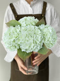 JINWOE Boho Green Hydrangea Artificial Flowers, 4Pcs 21" Real Touch Artificial Hydrangea, Fake Silk Flowers for Dinning Tables Party Outdoor Home Cemetery Kitchen Wedding Bouquet - color: Light Green