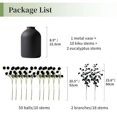 BLOSMON Black Flowers Artificial for Table: Metal Vase with 12 Stems of Fake Mums Eucalyptuses Centerpieces for Dining Room - Faux Silk Pom Poms Floral Arrangements Black Kitchen Home Decor Indoor - color: Black Kiku