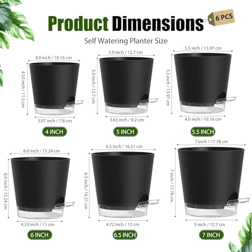 Plant Pots 4/5/5.5/6/6.5/7 Inch Self Watering Pots, 6 Pack Plastic Planters with Drainage Holes and Clear Saucers,Plastic Flower Pots,Nursery Planting Pot for Indoor Out Door Plants(Black) - color: Black, size: 4/5/5.5/6/6.5/7 inch