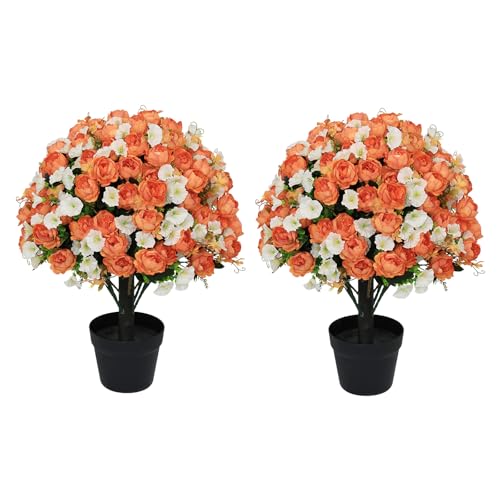 24" Artificial Potted Flowers Faux Orange Silk Peonies for Outdoor | Set of 2 UV Resistant Fake Outdoor Plants & Flowers in Cement Pots for Outside Front Porch Home Indoor Decor - color: Peach Blush, size: 24" Luxury Peony