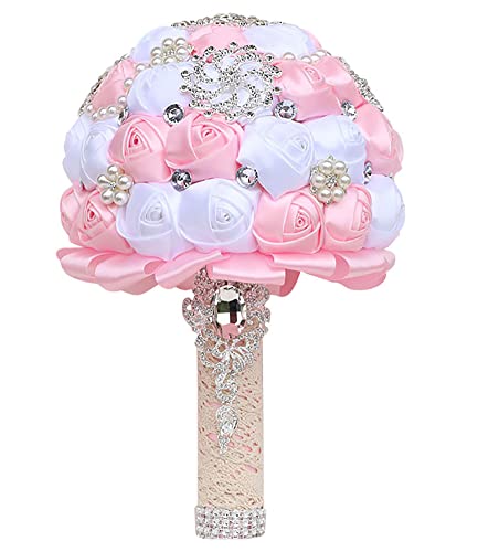 Sharebeauty 7.9 Inch Handmade Satin Rose Bridal Bouquet Toss Round Wedding Bouquet Throw Toss Artificial Flower Bunch Pink + White - color: W3217d16 Pink/White