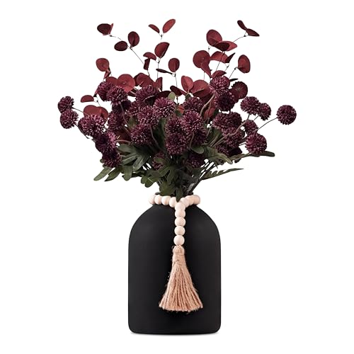 20''H Fake Flowers in Large Vase for Centerpiece Table Decorations with 10Pcs Fake Mums Flowers Eucalyptus Stems Faux Pompon Kiku Flowers Arrangement for Home Decor (Burgundy/Black Vase) - color: Burgundy/Black Vase