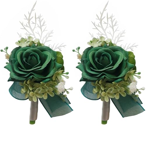 MAFELOE 2 Pieces Men Boutonniere Corsage Set, Artificial Rose Flowers Accessories for Wedding Prom Party Ceremony Anniversary Suit Decor- Dark Green (X-M11-JM) - color: Dark Green