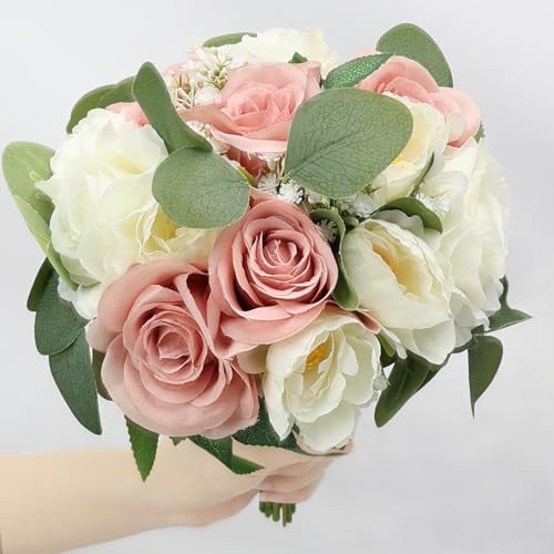 Set of 4 Bridesmaid Bouquets, 11 Inch Wedding Bouquets for Bridesmaids Artificial Flower Bouquets for Wedding Ceremony Bridal Shower Decorations - Dusty Pink & White - color: Dusty Pink & White, size: Set of 4 Bouquets
