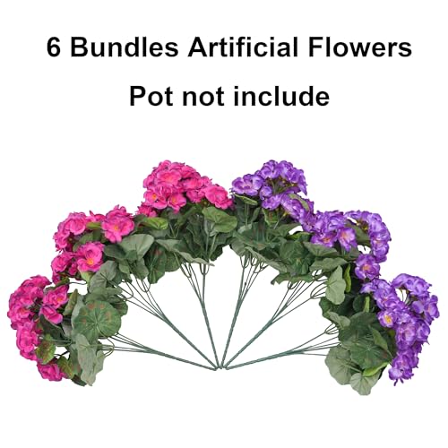 Fake Geraniums Artificial Flowers for Outdoors, 6 Bundles Silk Geraniums Flowers Realistic UV Resistant Fake Plants Faux Flowers for Outside Planters Front Door Garden Balcony Yard Porch Indoor, Mix - color: 3 Purple, 3 Fuchsia