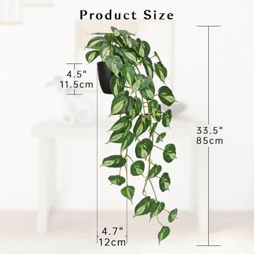 GnFlus Artificial Pothos Fake Ivy Plant with Pot Faux Light Green Leaves Featuring for Home Shelf Decor Indoor Silk Artificial Plant Large - color: Light Green-black Pot
