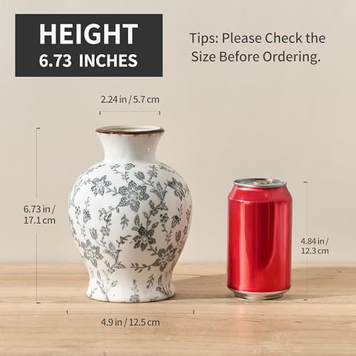 6.73" Ceramic Flower Decorative Antique Vase, Vintage Rustic Chinoiserie Floral Vase for Home Decor, Living Room, Bookshelf, Office, Entryway, Garden, Chinoiserie Decor, Tuscan Decor - color: Gray- 6.73"