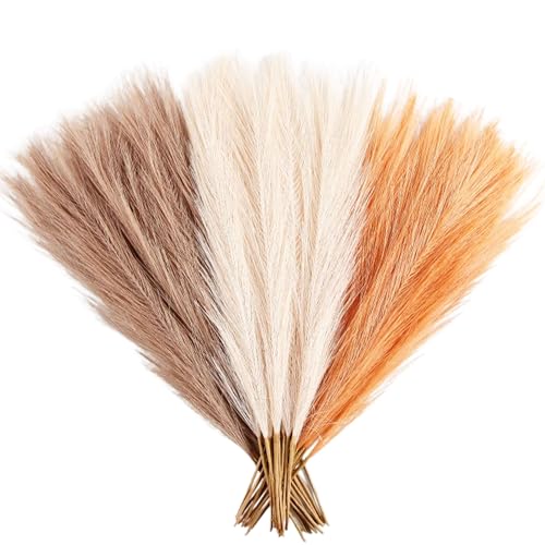 Pampas Grass Small, Brown&Off White&Orange 30 Pcs 17" Faux Pampas Grass Short Decor, Pompas Grass Flower Arrangement and Vase Filler for Boho Home Wedding Decoration - color: Brown&off White&orange, size: 17'' Tall