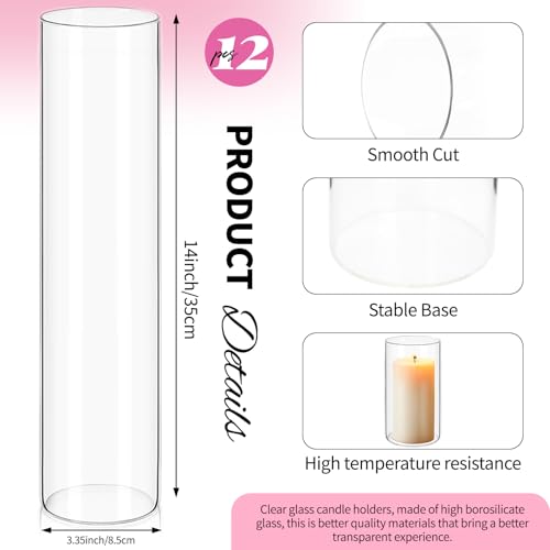 12Pack Glass Cylinder Vases for Centerpieces - 14 Inch Tall Flower Vase for Wedding Decorations, Floating Candle Holder Vase Bulk,Glass Hurricane Candle Holders for Table Shelf, Party, Home Decor - size: 3.35×14inch