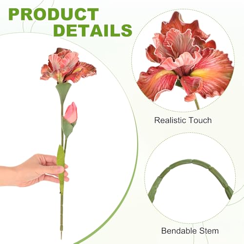 M METERXITY 3-Pack Orange Artificial Iris Flowers with Flower Bud,17.7 Inch Faux Iris PU Bouquets Real Touch Faux Flowers for Home/Wedding/Christmas/Party