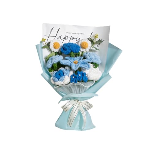 Completed Blue Crochet Flowers Bouquet, Handmade Knitted Bouquet, Crochet Artificial Flowers for Mother's Day, Graduation, Birthday, Wedding, Home Decor, Gifts (Blue Rose) - style: Blue Tulip & Rose