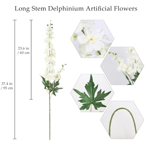 6Pcs White Delphinium Artificial Flowers 37.4’’ Long Stem Larkspur Artificial Flowers Faux Silk Flowers for Tall Vase Table Centerpiece Home Wedding Party Garden Decor(White) - color: White