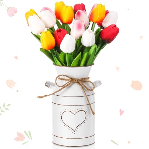 Uiifan 19 Pcs Spring Easter Centerpieces for Tables Home Office Decoration 18 Fake Artificial Tulip Flower Faux Realistic PU Bouquet with 1 Metal Pot Vase for Wedding Baby Shower(Elegant Color) - color: Elegant Color