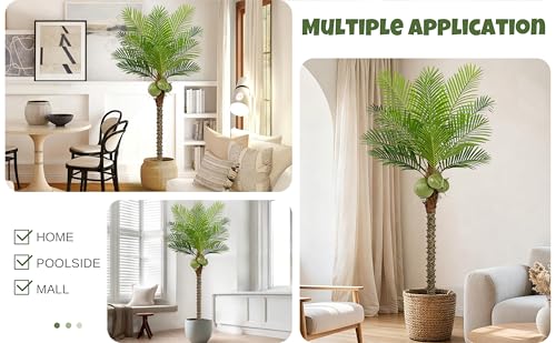 Roselywed Artificial Phoenix Palm Tree 6.5FT with 12 Leaves & 3 Coconut Fruit & Real Bark Tropical Areca Sago Palm Tall Large Faux Plant 78 Inch Black Pot for Indoor Outdoor Home Poolside Mall Decor - size: 6ft 6in