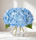 Real Touch Faux Hydrangea in Glass Vase, Light Blue | Silk Flowers, No Watering Needed, Farmhouse Dining Table Centerpiece, Bedroom Decor - color: Light Blue