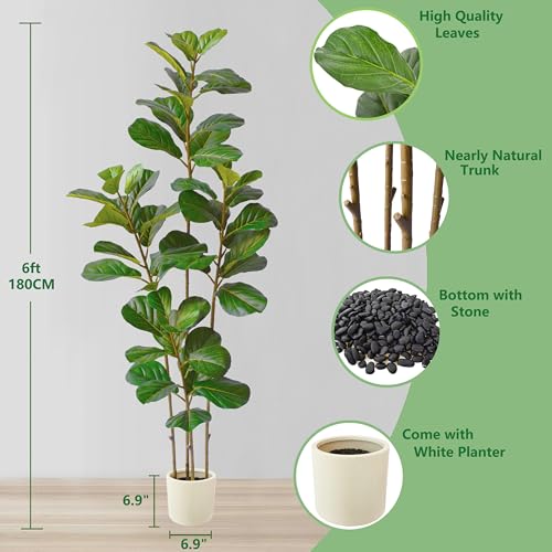 Warmplants 6ft Tall Artificial Fiddle Leaf Fig Tree with White Planter, Faux Ficus Lyrata Tree for Indoor Home Office Living Room Decor - color: Fiddle, size: 6ft