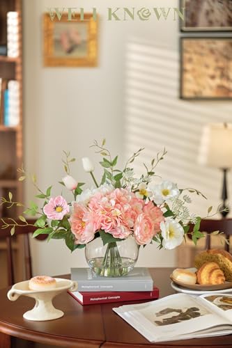 WELL KNOWN Artificial Flowers in Vase, Fake Silk Peony Tulip Hydrangea Pink & White Flower Bouquet Arrangement with Faux Water Centerpieces for Home Wedding Dining Table Party Decor & Gift for Women - color: Pink
