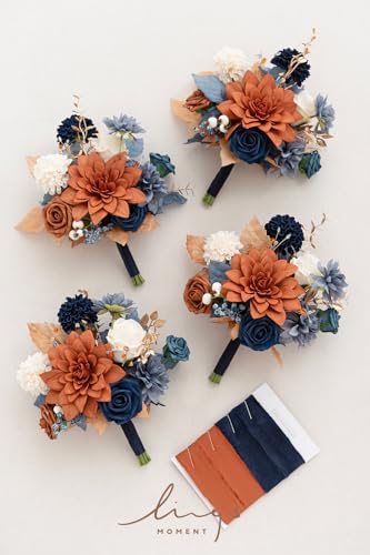 Ling's moment Burnt Orange Artificial Bridesmaid Bouquets Set of 4,Terracotta Wedding Flower Bouquets Navy Blue Floral Bouquet Bridal Bouquets with Ribbon,Ceremony,Anniversary,7-inch Diameter - color: Or-orange & Navy Blue