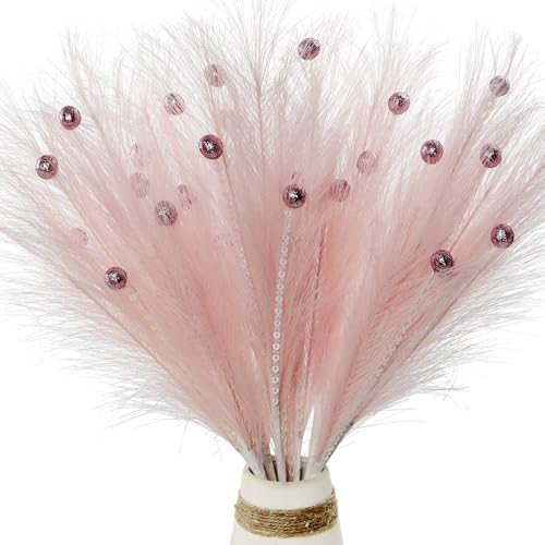 Christmas Tree Picks Decorations Set of 4 Sequins Ball Sprays 17" Artificial Furry Reed Grass Stems Fluffy Pampas Branches Feather Tails for Vase Fillers Flower Arrangements Tree Topper (Pink) - color: Pink