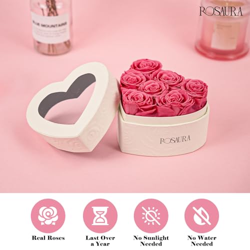 Rosaura Heart-Shaped Preserved Roses Gift Box - Real Forever Flowers for Christmas, Birthday, Valentine's & Mother's Day (pink, 7 roses) - color: Pink, size: 7 roses