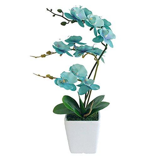 15 Inches Tall Artificial Silk Phalaenopsis Orchid Flower Plant Pot Teal Arrangements (Golden Blue) - color: Golden Blue
