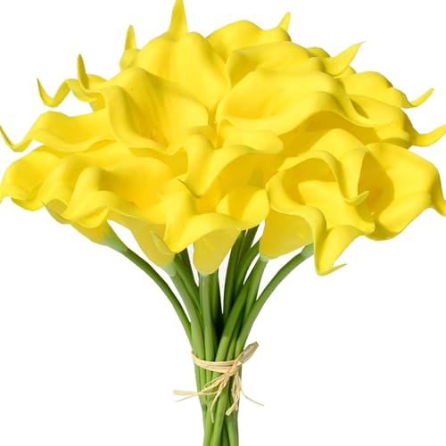 Mandy's 20pcs Pure Yellow Calla Lily Artificial Flowers | 13.5 Inch PU Realistic Bouquet for Vase Elegant Home Decor Centerpiece Wedding Bridal Bouquet Table Decoration - color: Pure Yellow