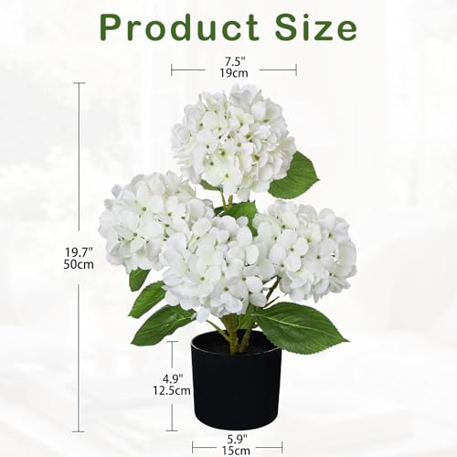 Hollyone White Hydrangea Artificial Flowers in Pots 19.7" Four-Head Faux Silk Hydranges Flower Arrangements for Indoor Home Office Kitchen Table Centerpieces Wedding Decorations - color: White, size: 4 Head Hydrangea