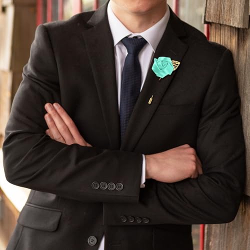 M METERXITY 12-Pack Flower Lapel Pins for Men, Golden Leaf Rose Boutonnieres Pin for Wedding/Dance/Party, Mens Lapel Pins for Suits Satin Flower Corsage Hat Pins [Light Green] - color: Light Green