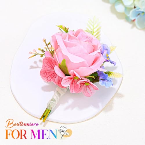 Wedding Flower Boutonniere Red Groom Rose Buttonholes Men's Boutineer Party Suit Decoration Prom Anniversary Accessories for Groomsmans and Man (Pink) - color: Pink