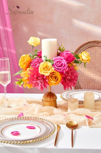 Serwalin Artificial Flowers,Hot Pink & Orange Fake Silk Flowers for DIY Wedding Bridal Bouquets,Faux Cake Flowers for Table Centerpieces Party Baby Shower Decorations - color: A Hot Pink Orange, size: 1 Box